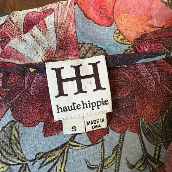 HAUTE HIPPIE Top Blouse Red Floral Silk Chiffon Sheer Puff Sleeve Boho - Picture 7 of 10